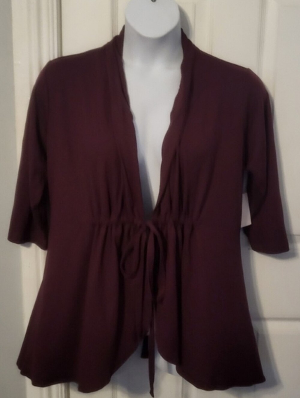 NWT Prescott NY  Wine  Tie-Front 3/4 Sleeve Cardigan